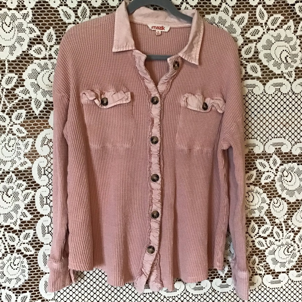 Mazik Button Up Waffle Knit Shacket Raw Edges